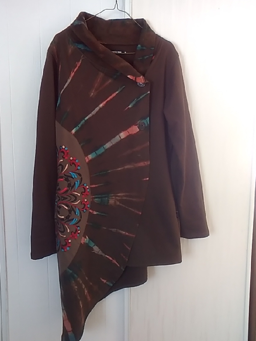 Brown Asymmetrical Women's Dress with Multicolor Mandala Detail